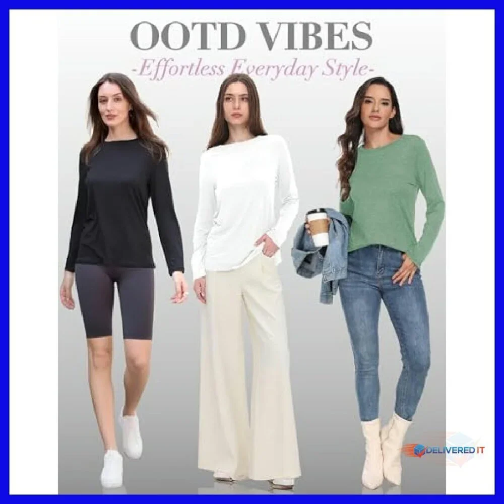 Soft Long Sleeve Crew Neck Tees 3-Pack Loose Fit Basic Tops Women
